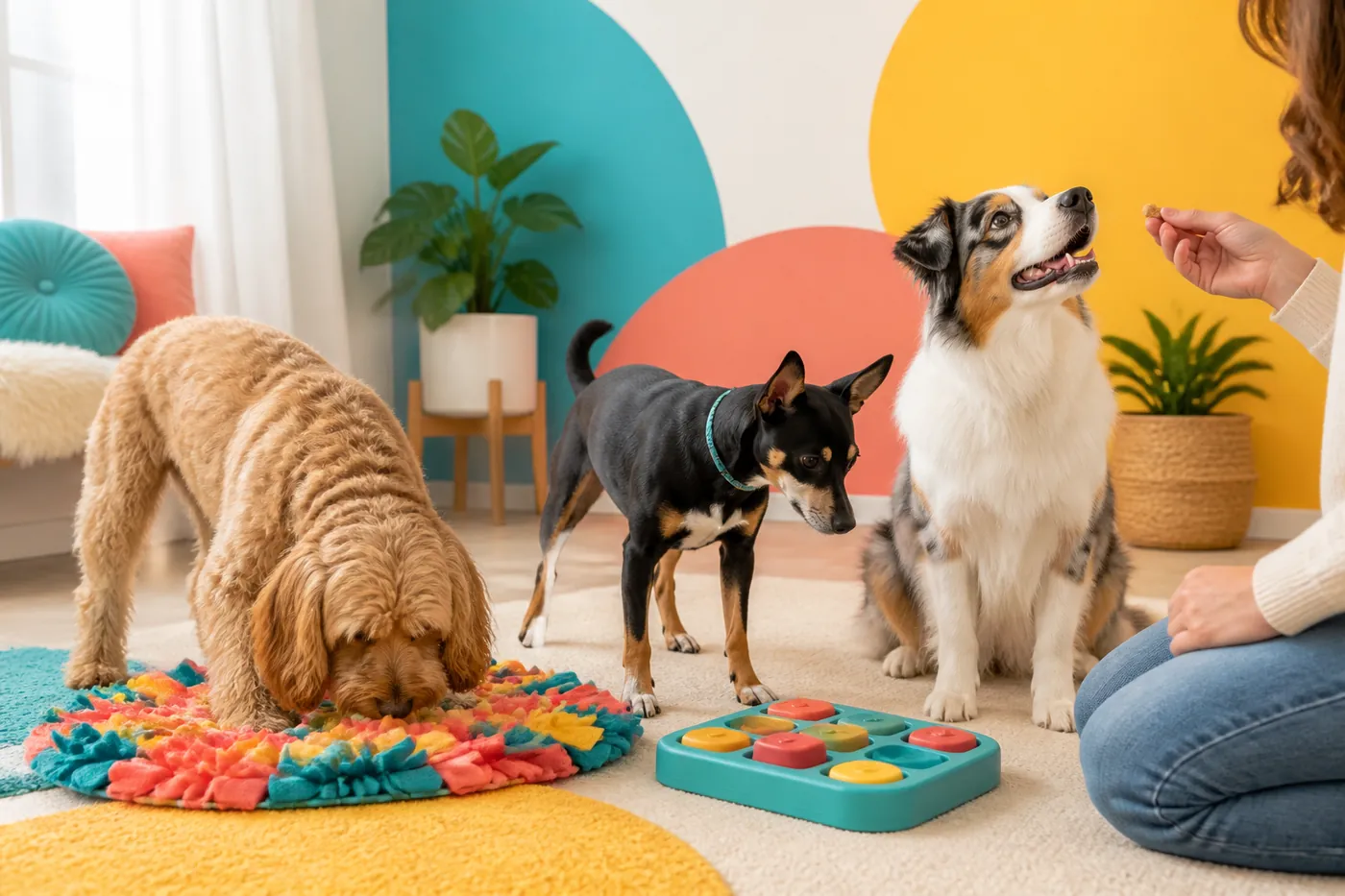 Three dogs practicing different positive-reinforcement enrichment games at home